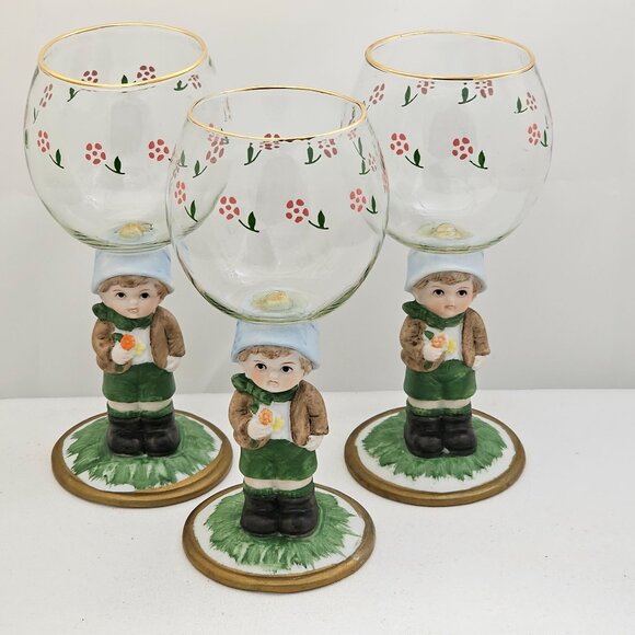 1980s Porcelain Figurine Wine Glasses set-3 by JSNY Taiwan whimsical sweet wine - Picture 3 of 14